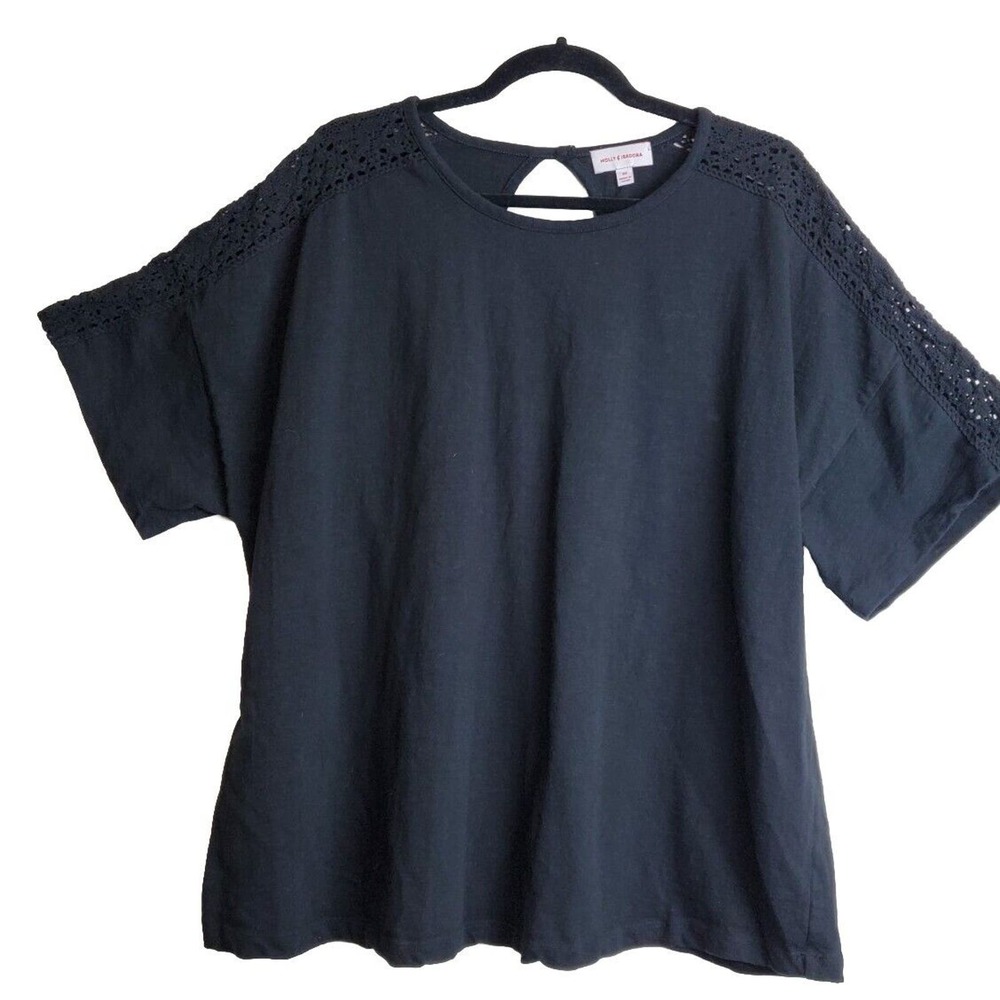 Molly & Isadora 3X Black Crochet Top Plus Size Short Sleeve Lace Open‎ Back